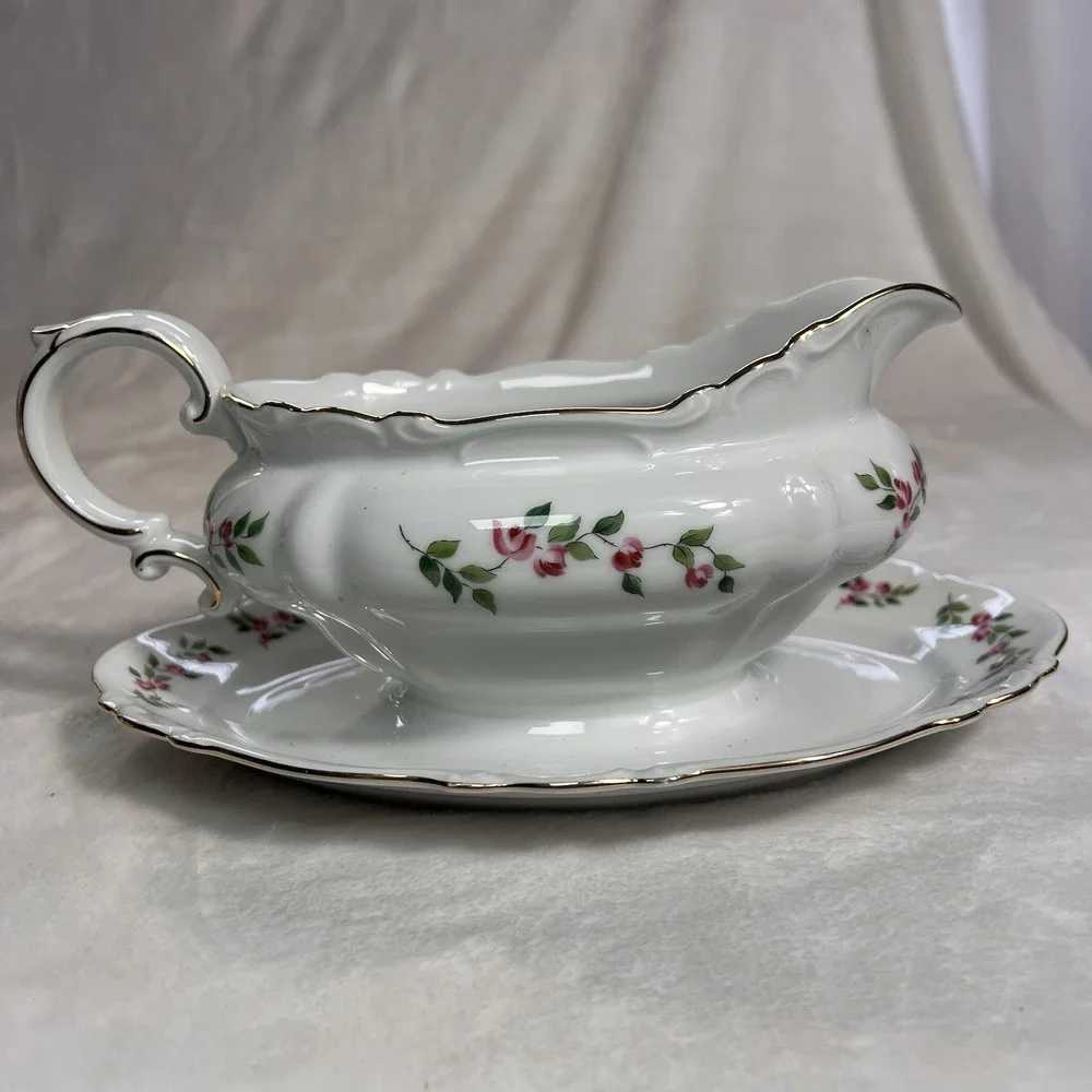 VTG Crown Bavaria Juliette Pink Roses Gravy Boat W/Attached Underplate Gold Trim